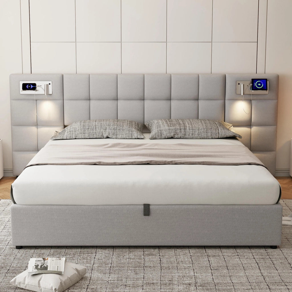Letto Contenitore 180x200 cm idraulico con USB; ricarica wireless e luce; in Lino Grigio