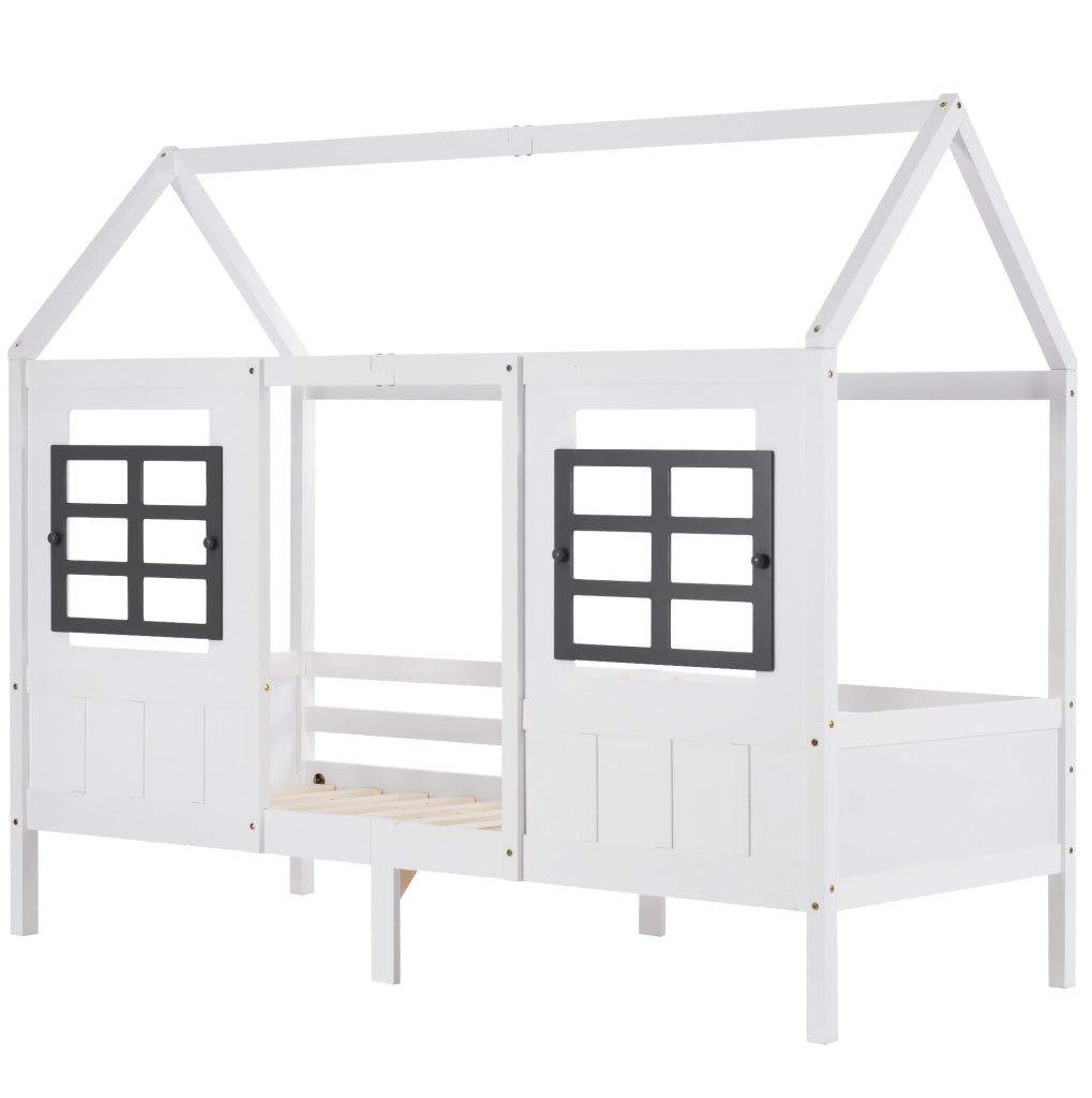 Letto a casetta con finestre e 2 cassetti 207x97x174 cm; struttura robusta in legno; bianco
