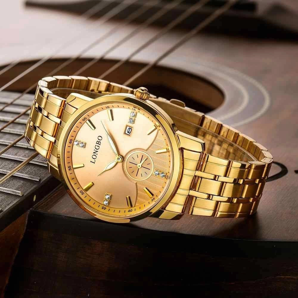 Trade Shop - Orologio Uomo Donna Longbo 80436 Crono Analogico Data Impermeabile Acciaio Dorato -