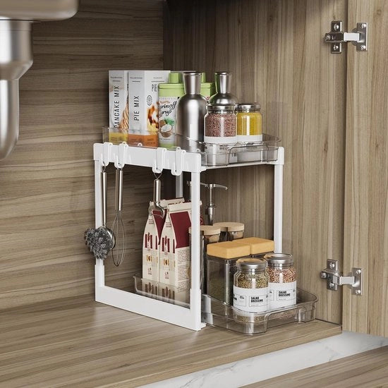 Pannello di protezione del tubo, 2 strati, estensibile sotto il lavabo, con 4 ganci e 1 cassetto, per cucina e bagno, bianco.