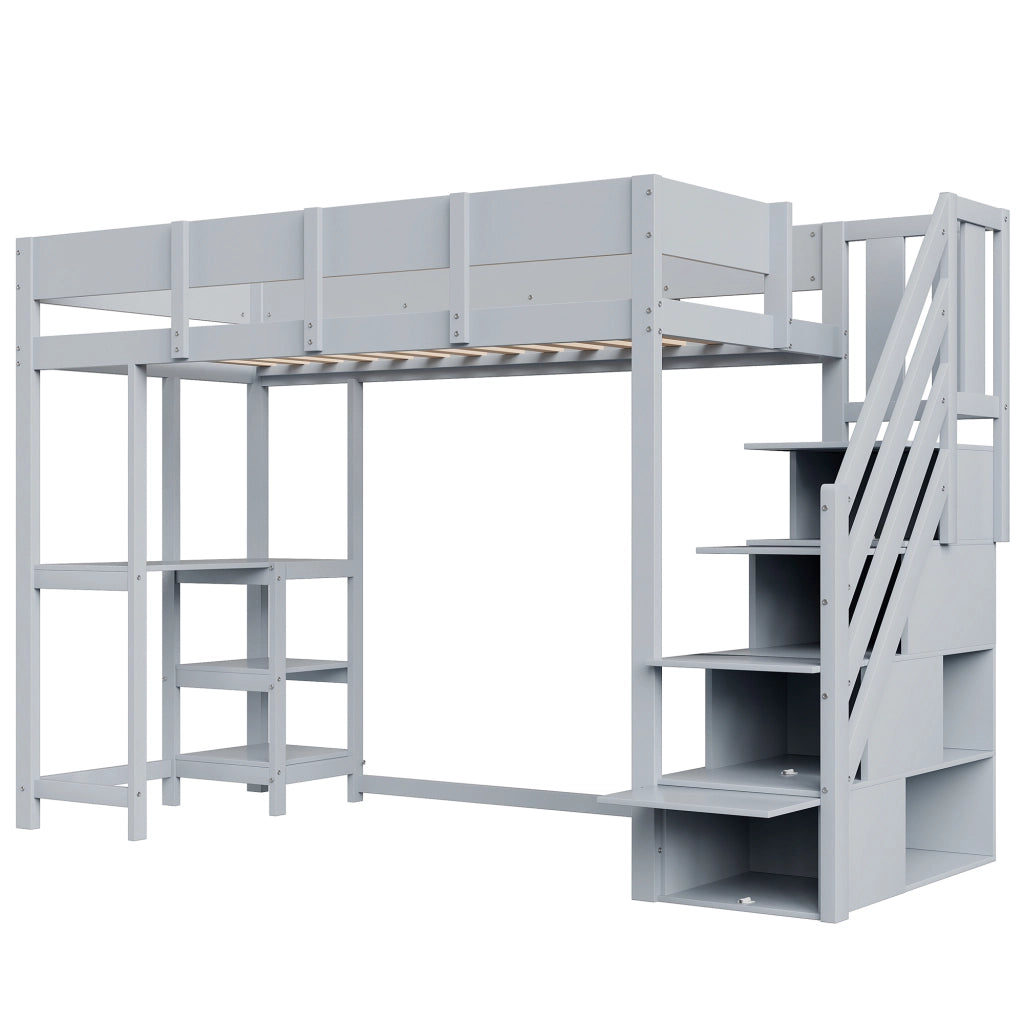 Letto a Soppalco Singolo con Scala Contenitore e Scaffale 90×200 cm; senza Materasso; in Legno; Grigio