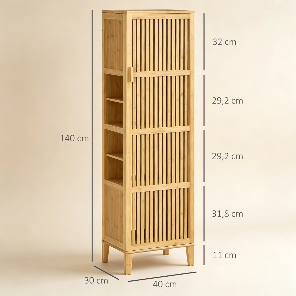 Mobile da bagno in bamb¨´ con ante a doghe e ripiani ¨C zephmum ¨C 40x30x140 cm