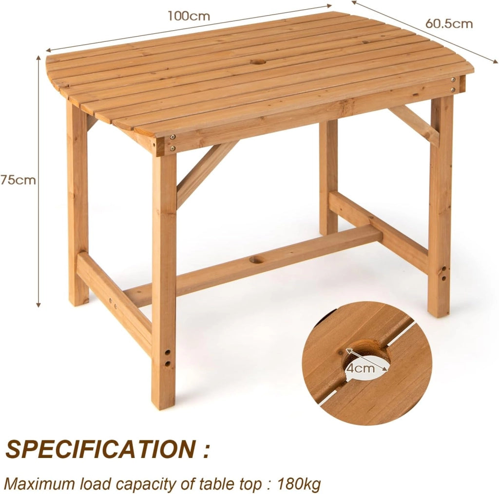 Tavolo da Giardino in Legno di Abete, Tavolo da Pranzo con Foro per Ombrellone, Tavolo Ausiliare con Portata di 180 kg, Tavolo da Salotto per 4-6 Persone, 100 x 60 x 75 cm, Naturale