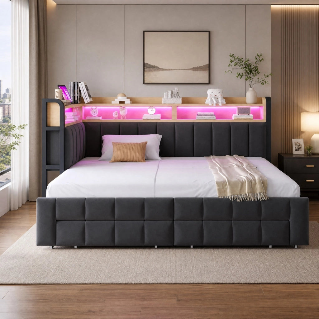 Divano letto estraibile 90/180x200 cm in velluto grigio scuro; con LED; USB; Type-C e contenitori
