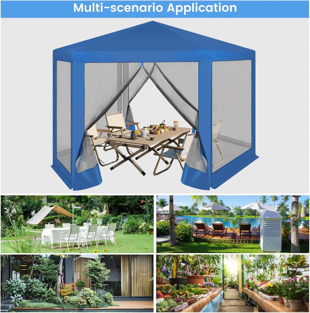 Gazebo da Esterni, Pergolato da Giardino, Gazebo Pieghevole e Impermeabile, con Pareti Laterali a Zanzariera, Esagonale, per Campeggio, Feste, 3,8x3,3m, Blu
