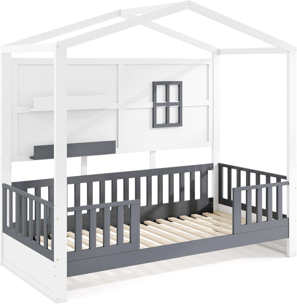 Struttura del Letto per Bambini in Misura Twin con Tetto, 2 Mensole, Recinzione, Finestra, Letto a Tema Casetta in Legno per Bambini e Ragazze, Senza Necessità di Molle