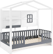 Struttura del Letto per Bambini in Misura Twin con Tetto, 2 Mensole, Recinzione, Finestra, Letto a Tema Casetta in Legno per Bambini e Ragazze, Senza Necessità di Molle