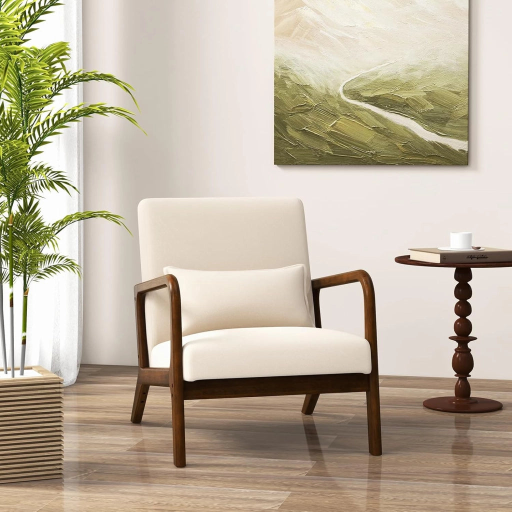 Mid Century Accent Chair, sedia interna per il tempo libero con seduta e schienale imbottiti, poltrona imbottita in legno con cuscino lombare, poltrona lounge per camera da letto (beige)