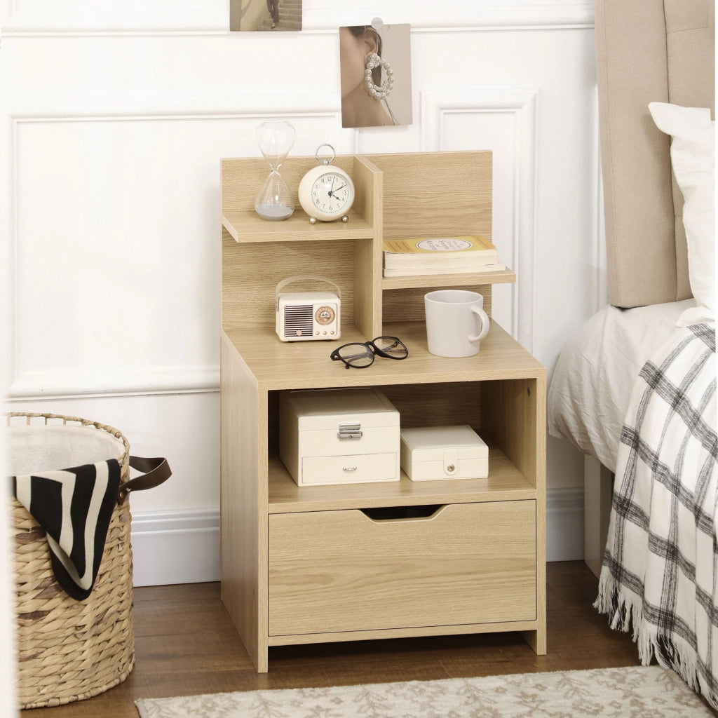 Comodino con cassetto, nicchia e ripiani effetto legno ¨C zephmum ¨C naturale 45x35x73 cm