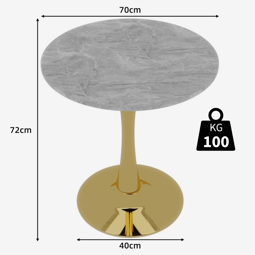 Tavolo da pranzo - rotondo 70 cm - stile mid-century - marmo grigio chiaro - per 2-4 persone - dorato