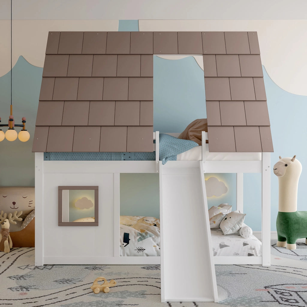 Letto a Castello 140x200 cm con Tetto; Scala e Scivolo; in MDF e Legno; Marrone Bianco