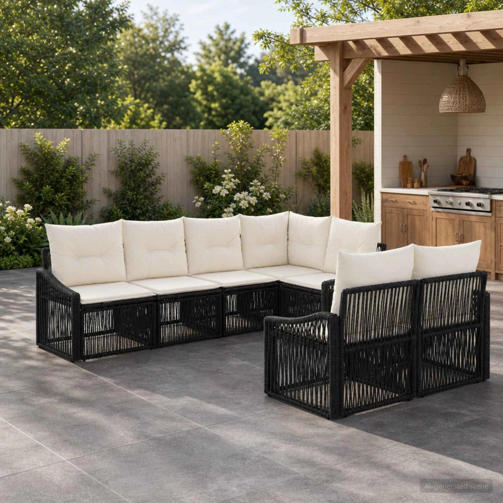 Set Divano da Giardino 7 pz 7-Numero di posti Nero polyrattan 3436063