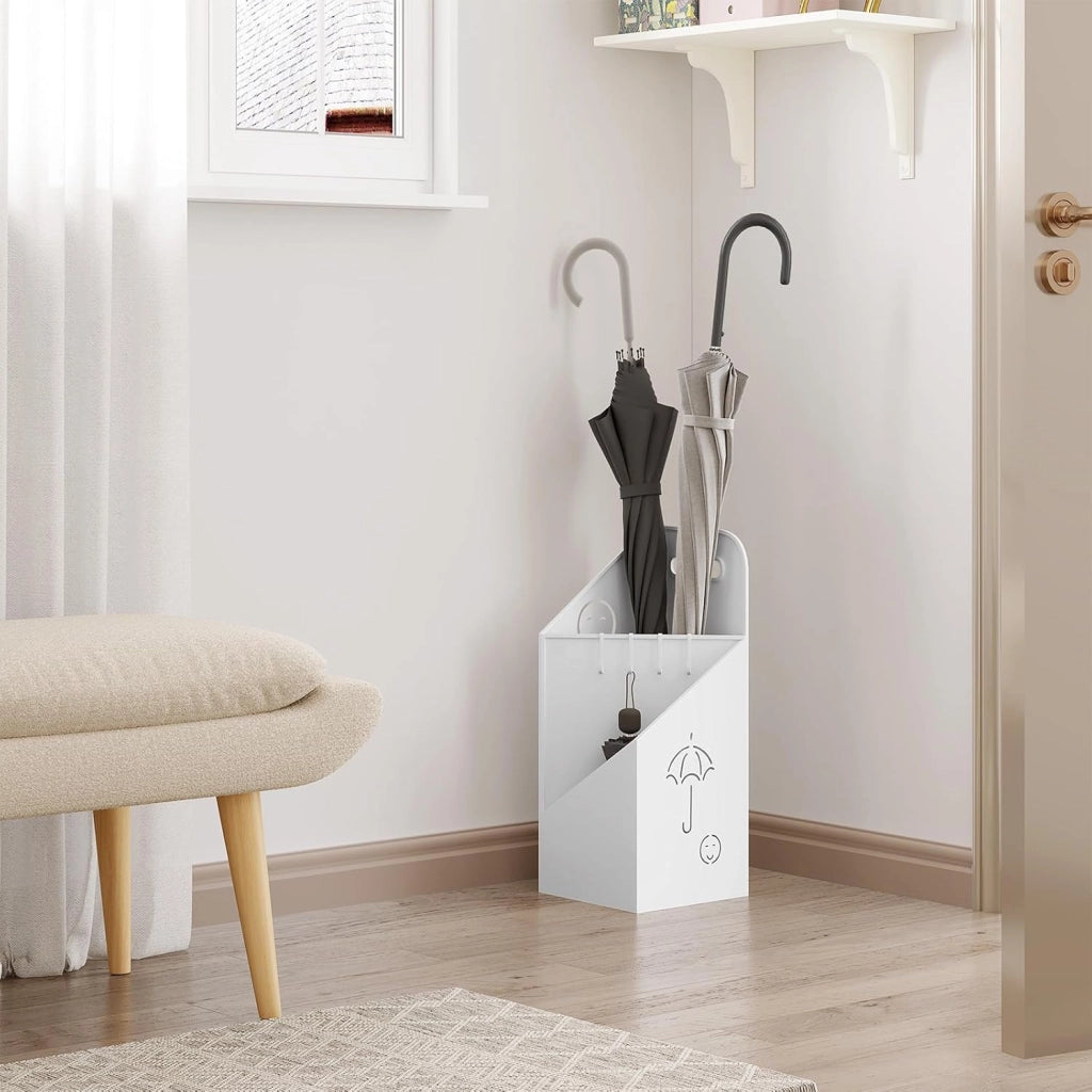 Portaombrelli con 4 Ganci e 2 Aree Separate, in Metallo Antiruggine, con Design a Conca e Sorriso, per Corridoio, Ingresso, Bianco