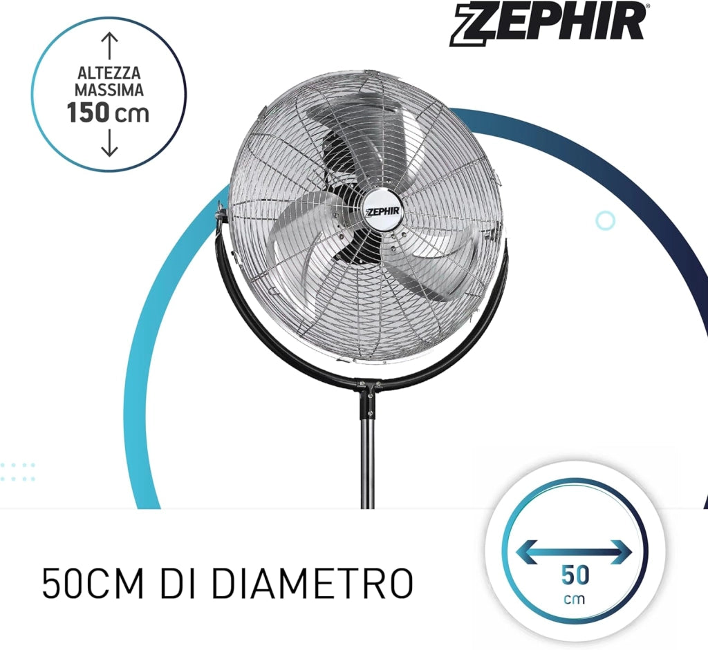 Zephir Ventilatore a Piantana Cromato 50 cm con Pale, 120W, 3 Velocità, Oscillazione Automatica, Altezza Regolabile 150 cm, Silenzioso per Grandi Ambienti