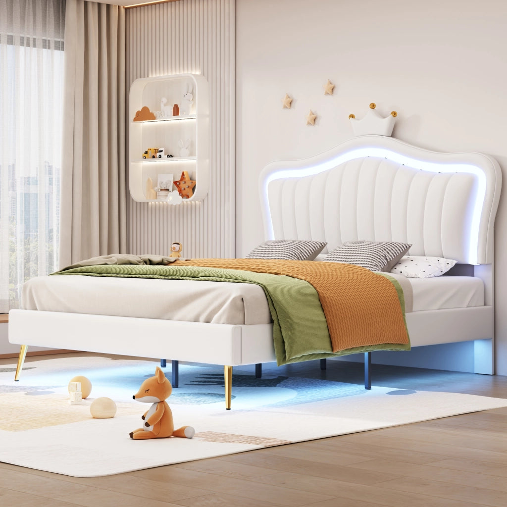 Letto a corona per bambine con LED; testiera regolabile e doghe; ecopelle bianca; 140x200 cm; senza materasso