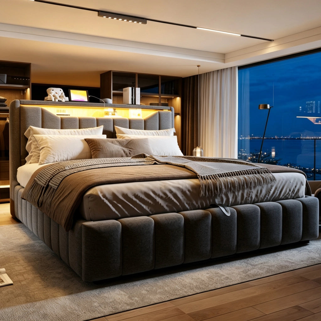 Letto imbottito 180 x 200 cm con contenitore idraulico, LED e porte USB