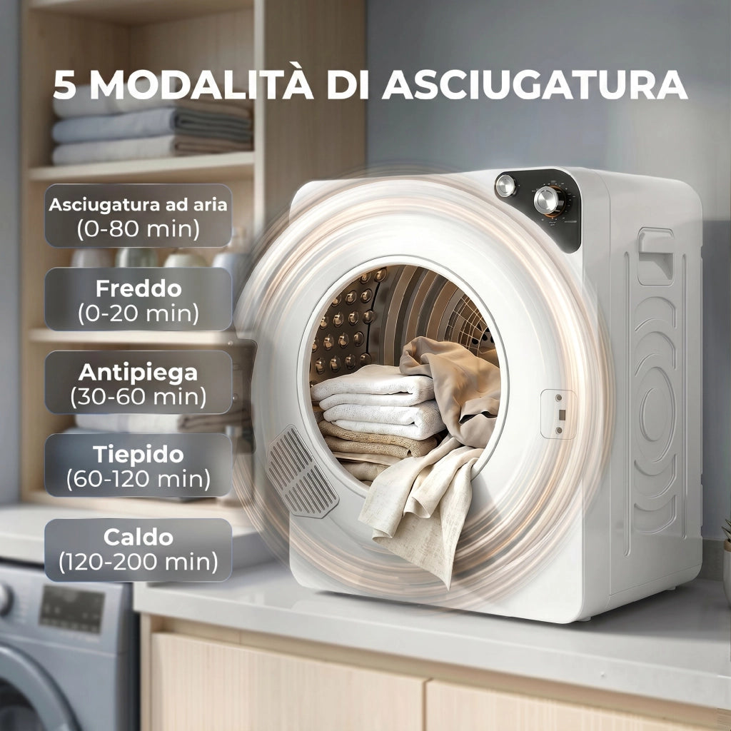 Asciugatrice Portatile 49x43x61 cm Potenza 1000W con 5 Programmi e Timer in PCM e Acciaio Inox Bianco