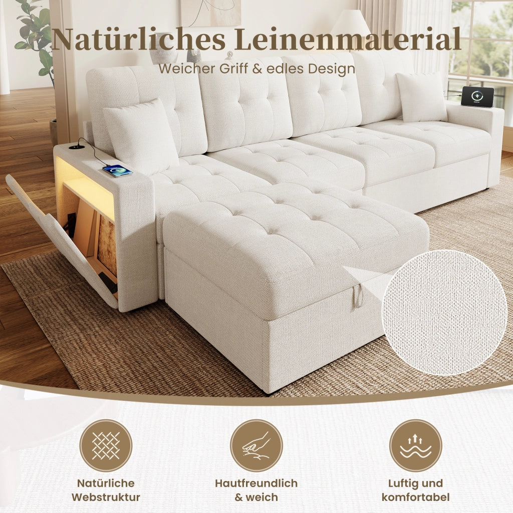 DIVANO angolare modulare 253 cm beige con pouf contenitore e USB Type-C