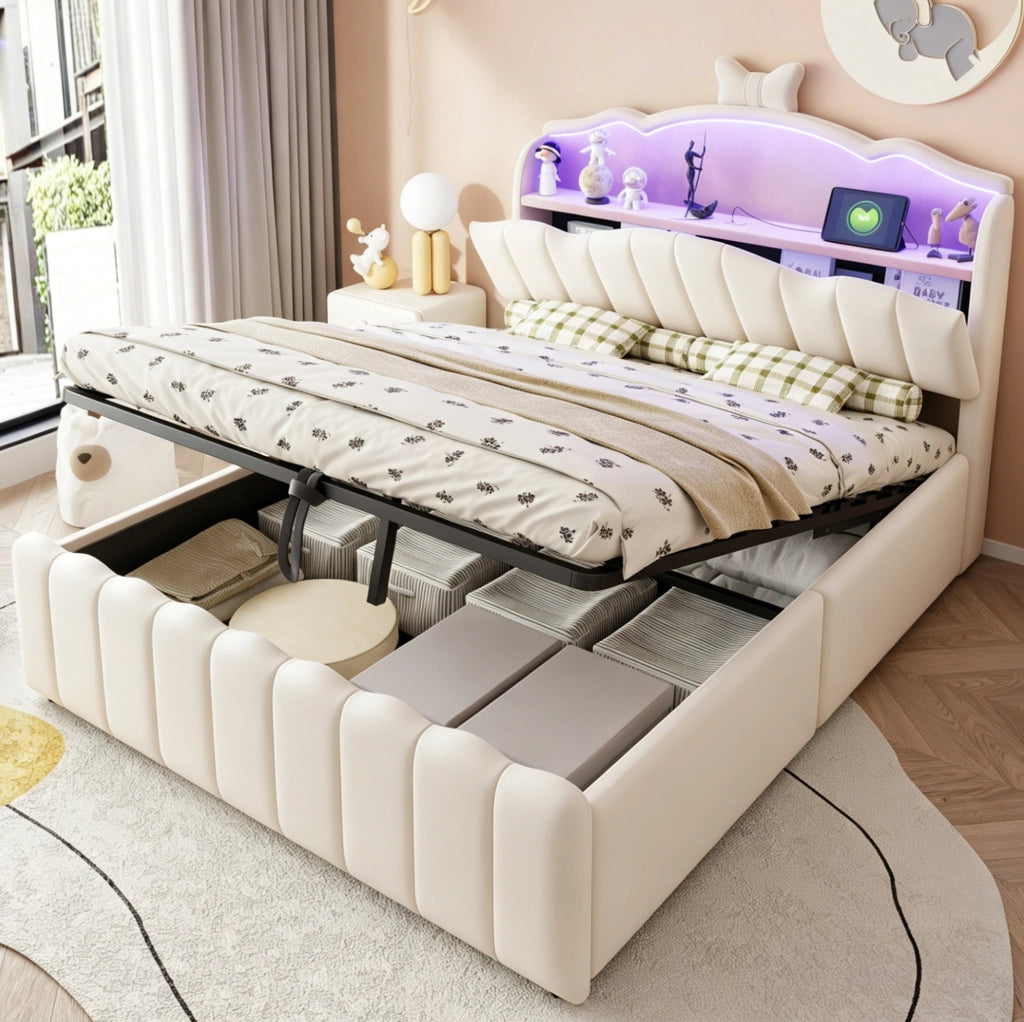 Letto per bambini imbottito 140x200 cm in velluto beige con contenitore; LED e porte USB