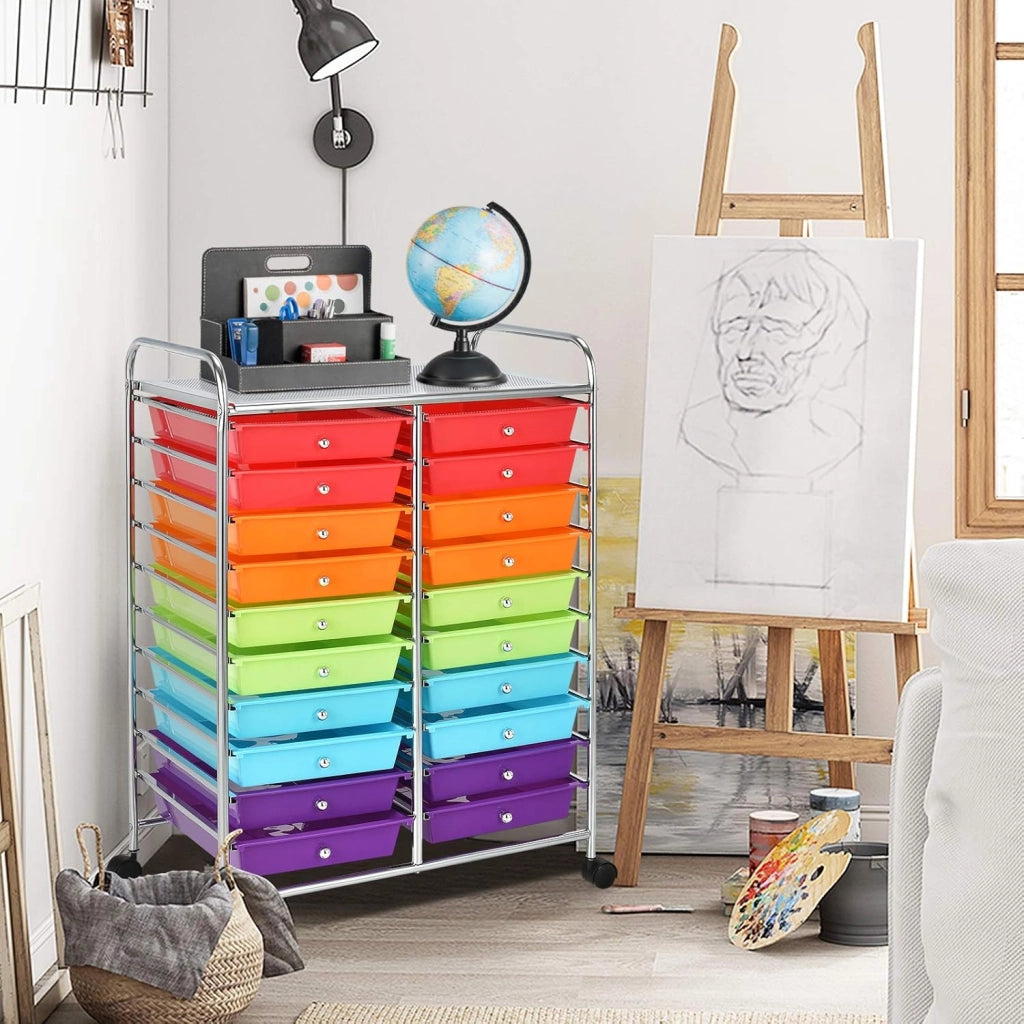 Carrello di Stoccaggio con 20 Cassetti, Carrello portaoggetti con 4 Ruote, Carrello Multiuso per Scuola Ufficio Cucina, 64 x 39 x 88 cm (Colorato)