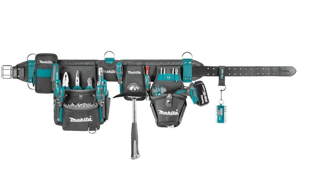 Makita E-15235 Cintura Portaattrezzi 5 Pezzi in Poliestere e Pelle con Tasche Multiple e Imbottitura in Rete Colore Nero Blu