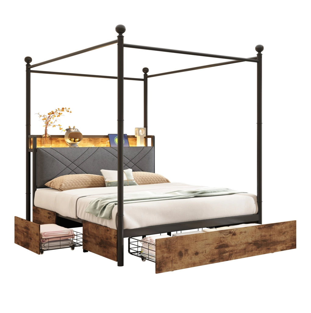 Letto a baldacchino 140x190 cm con LED; prese USB/Type-C e contenitore in metallo e legno nero