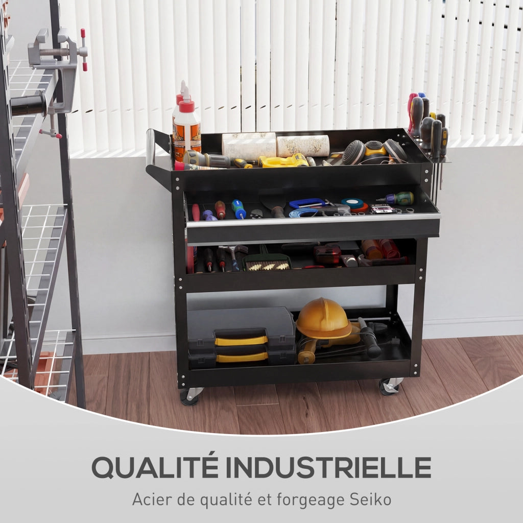 Carrello da lavoro a 3 livelli con cassetto e porta attrezzi ¨C zephmum ¨C nero 82x35x76 cm