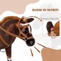 Cavallo a Dondolo per Bambini 2+ Anni con Nitrito, Sella e Staffe, in Peluche e Metallo, 85x28x60 cm, Marrone