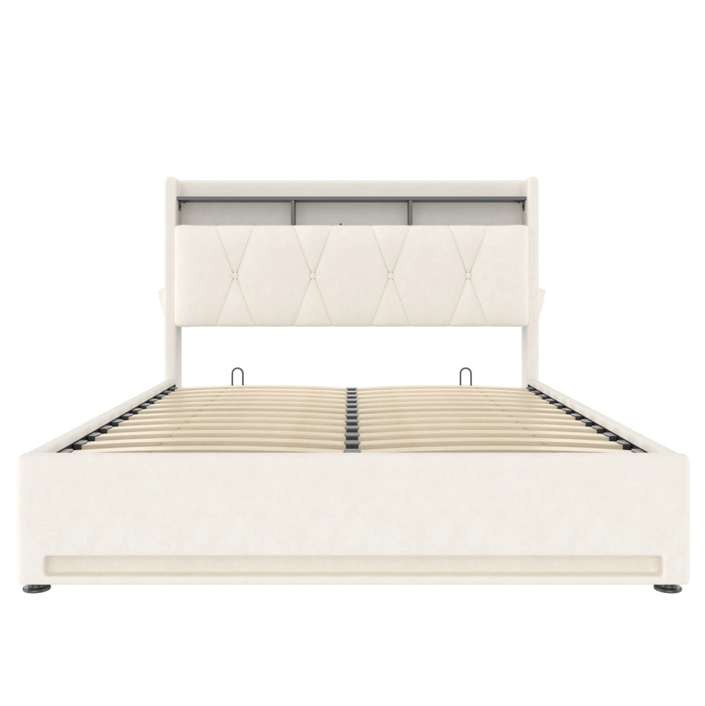 Letto imbottito 160x200 cm con LED; contenitore e USB in velluto beige