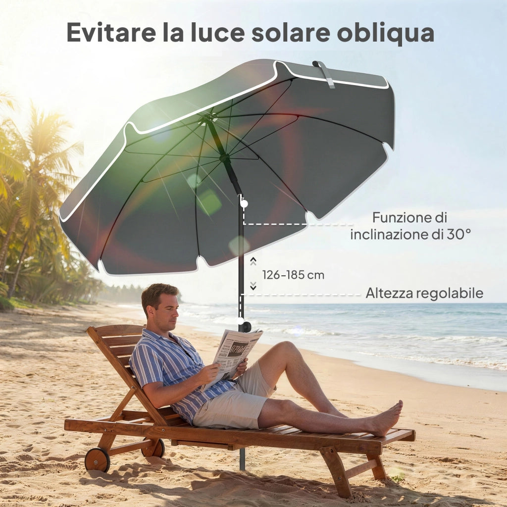 Ombrellone da Spiaggia Inclinabile con Ancora per la Sabbia e Borsa da Trasporto, ?150x185 cm, Grigio Scuro