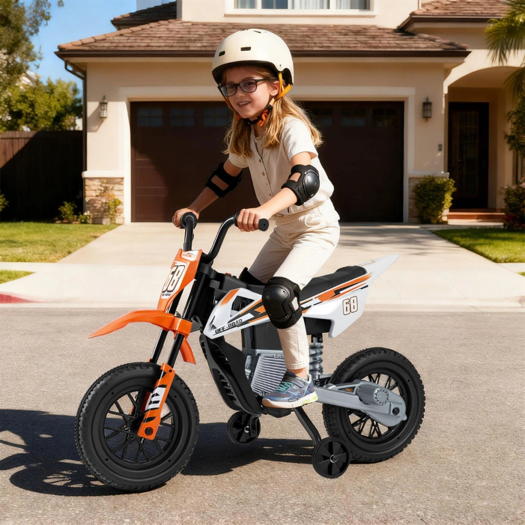 Moto per bambini 12v con ruote di allenamento rimovibili e sospensione a molla, Moto motorino a batteria con musica Arancione-Moto elettriche