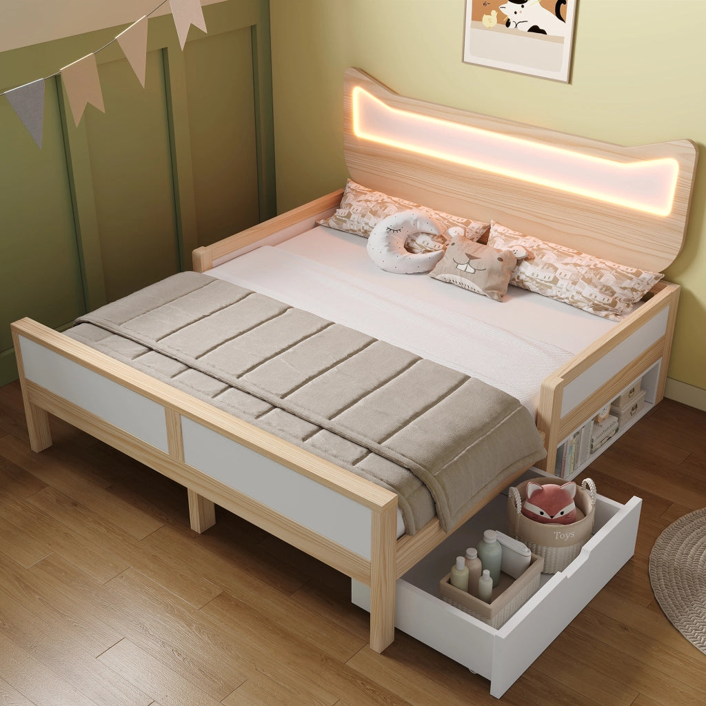 Lettino per bambini con orecchie da gatto e luci a LED 140x200 cm in legno di rovere e bianco