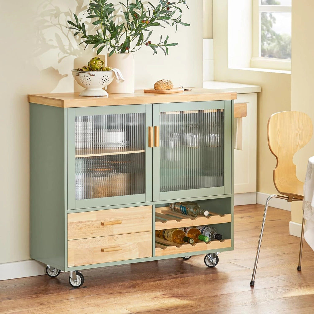 Carrello da Cucina con Ruote Isola Cucina con Piano di Lavoro in Legno Carrello Salvaspazio per Sala da Pranzo Verde e Naturale 109 × 40 × 92 cm FKW114-GR