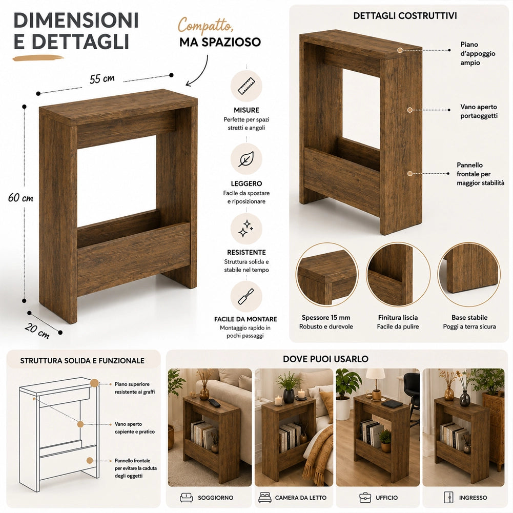 Tavolino Laterale Divano Rovere Tavolo Salvaspazio Multifunzione 55x20x60cm