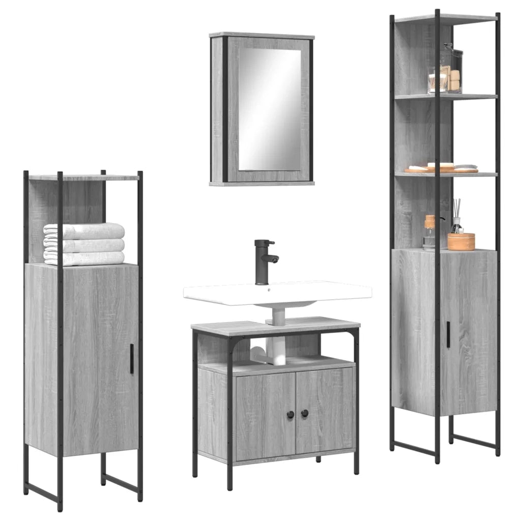 Set Mobili da Bagno | Armadio da bagno 4 pz Grigio Sonoma in Legno Multistrato