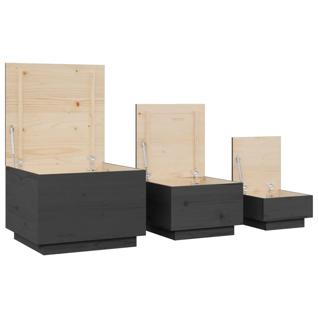 Contenitori Portaoggetti Coperchi 3pz Grigi Legno Massello Pino 818247