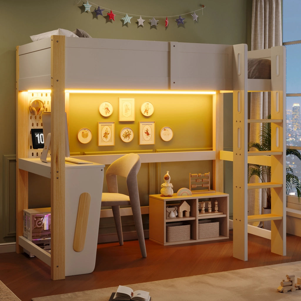 Letto a soppalco per bambini 90x200 cm, letto rialzato con scrivania integrata, pannello forato, illuminazione LED, pino, naturale e bianco