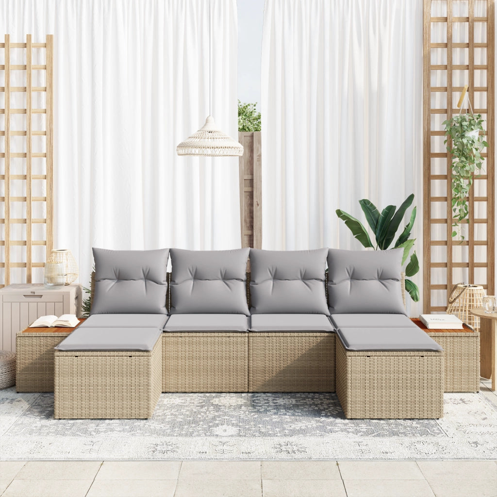 Set Divano Giardino 6 Pezzi Con Cuscini Beige Polirattan Acacia