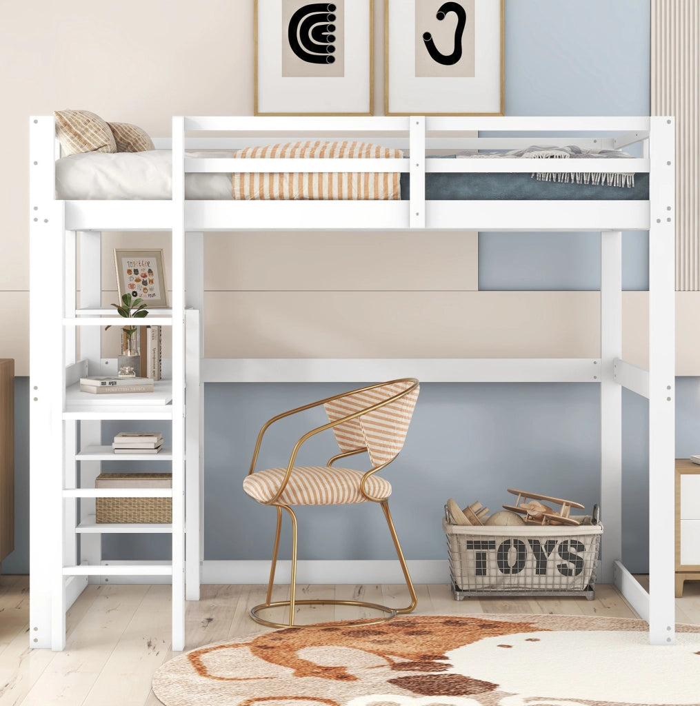 Letto a soppalco 140x200 cm con scrivania e 4 vani portaoggetti in pino bianco antico