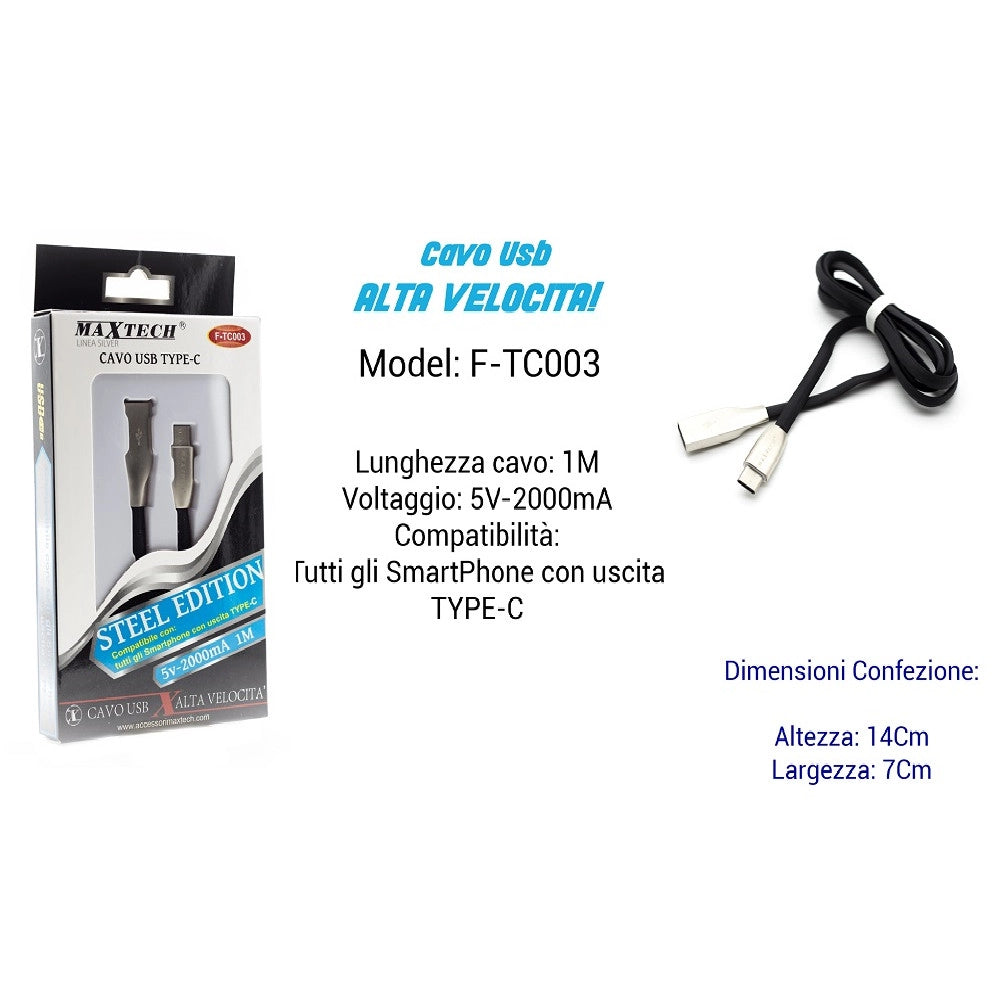 Trade Shop - Cavo Usb Type-c Alta Velocita' Per Smartphone 1mt Ampere 5v - 2000ma Maxtech F-tc003 -