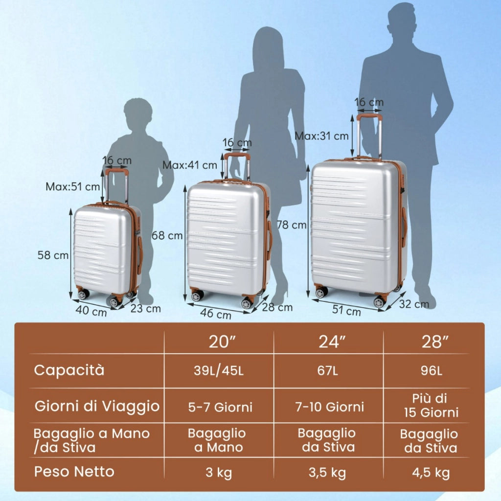 Set di valigie con maniglia telescopica in alluminio e ruote piroettanti, Set da 3 valigie rigide espandibili Argento-Bagagli e borse