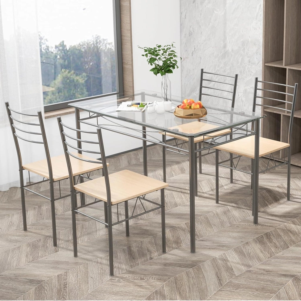 Set Tavolo e Sedie da Pranzo Moderno 5 pezzi, Tavolo Rettangolare da Cucina in Vetro e 4 Sedie con Struttura Metallica Antigraffio, Set di Mobili da Cucina e Sala da Pranzo Salvaspazio