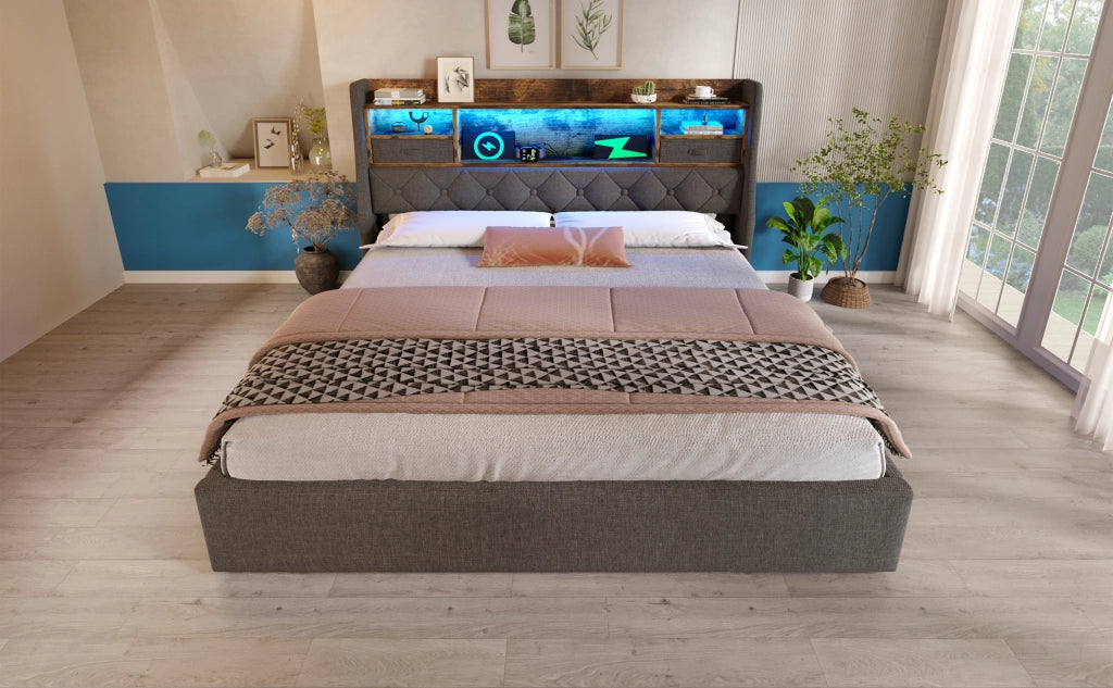 Letto contenitore 160x200 cm con LED, prese USB/Type-C, rete a doghe e materasso incluso, grigio