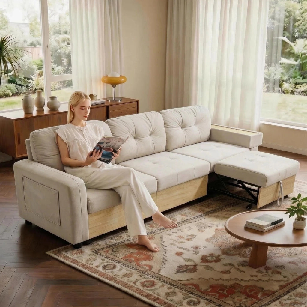 Divano angolare modulare con chaise longue estraibile USB contenitore e bracciolo con ripiano in velluto beige per soggiorno