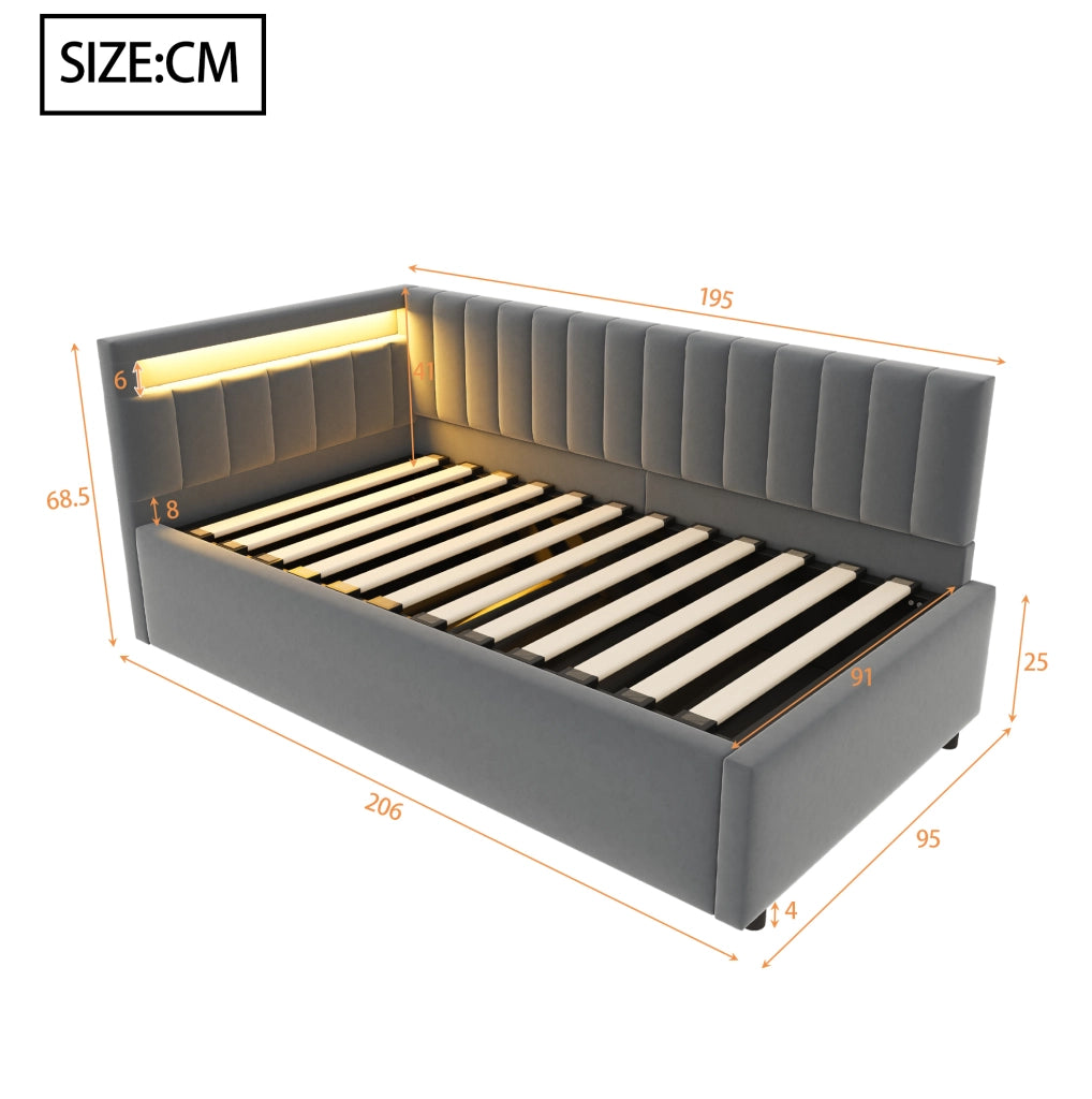 Divano letto 90x200 cm con LED e contenitore; velluto grigio (Senza materasso)