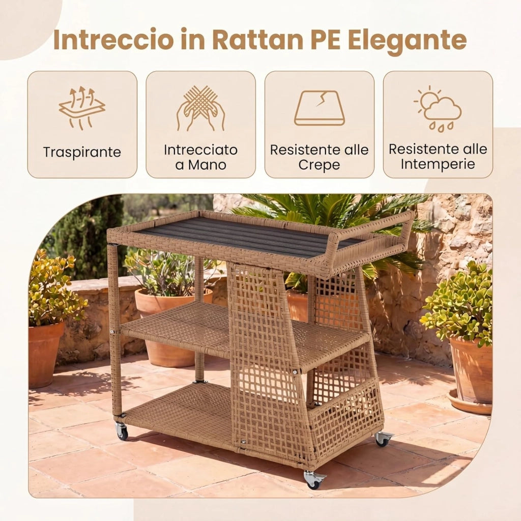Carrello Bar in Rattan, Carrello Portavivande con 3 Ripiani Aperti e 4 Ruote, Maniglia Ergonomica, Moderno Carrellino Servizio Esterno Interno per Giardino, Terrazzo, Cucina, 98 X 54 X 92 CM
