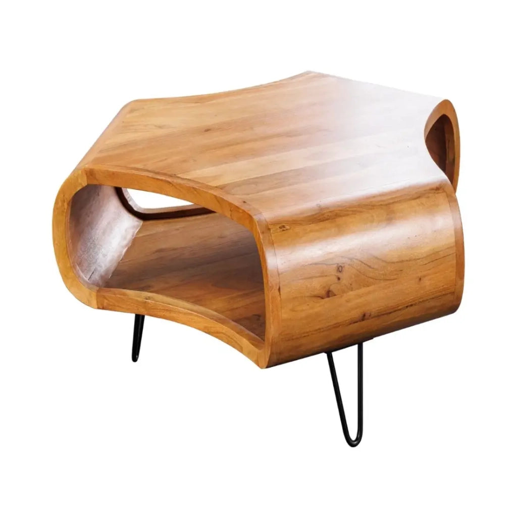 Tavolino basso NERA 70 cm in legno massiccio di acacia con nicchia e piedi in metallo nero – stile retro industriale
