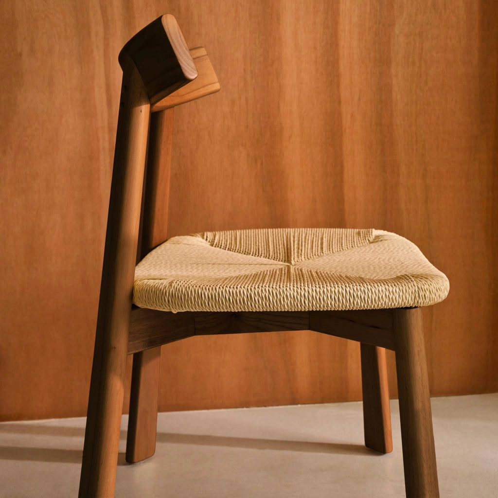 Set 2 sedie scandinave legno hevea seduta in corda, effetto noce