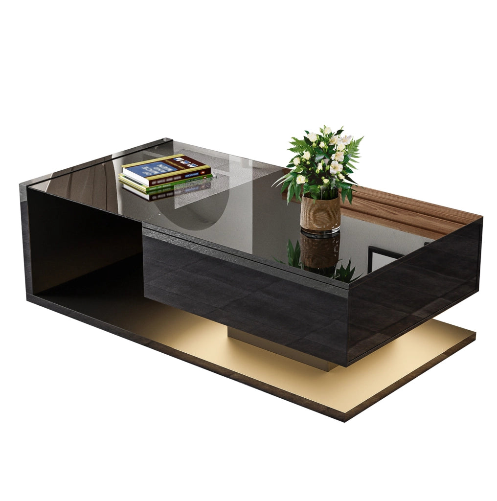 Tavolino da caffè nero lucido 105x55 cm con vetro temperato e LED