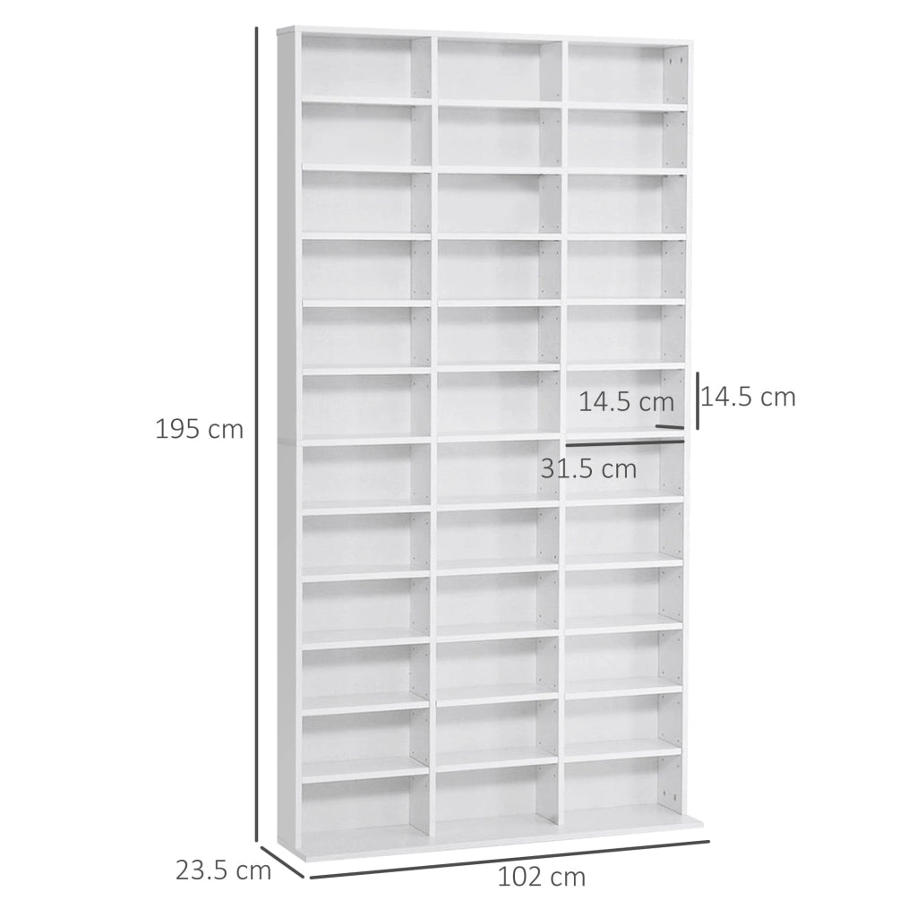 Libreria Porta CD in Legno con 3 Colonne da 12 Ripiani ad Altezza Regolabile. 102x23.5x195 cm. Bianco